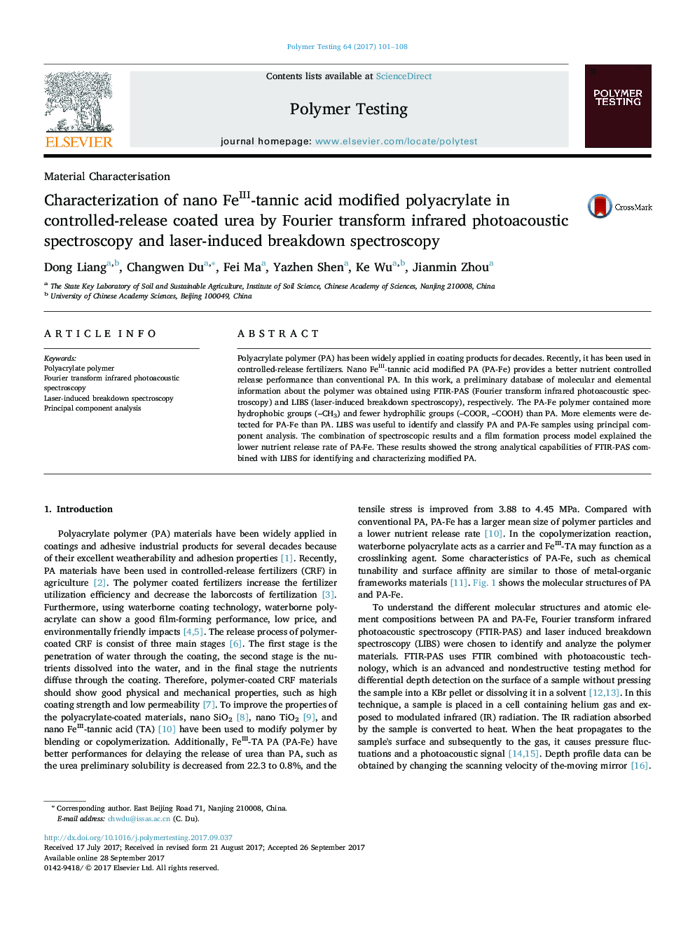 Material CharacterisationCharacterization of nano FeIII-tannic acid modified polyacrylate in controlled-release coated urea by Fourier transform infrared photoacoustic spectroscopy and laser-induced breakdown spectroscopy