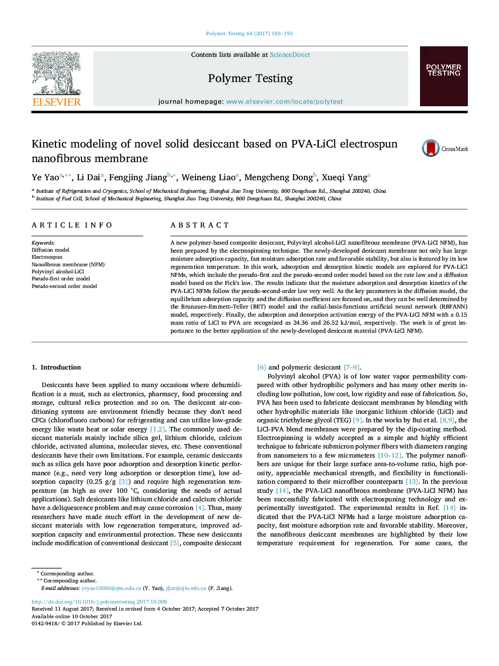 Kinetic modeling of novel solid desiccant based on PVA-LiCl electrospun nanofibrous membrane