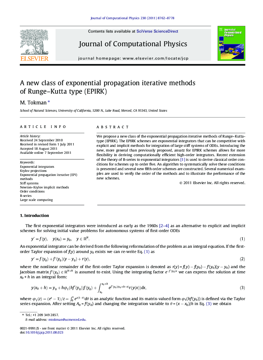 A new class of exponential propagation iterative methods of Runge–Kutta type (EPIRK)