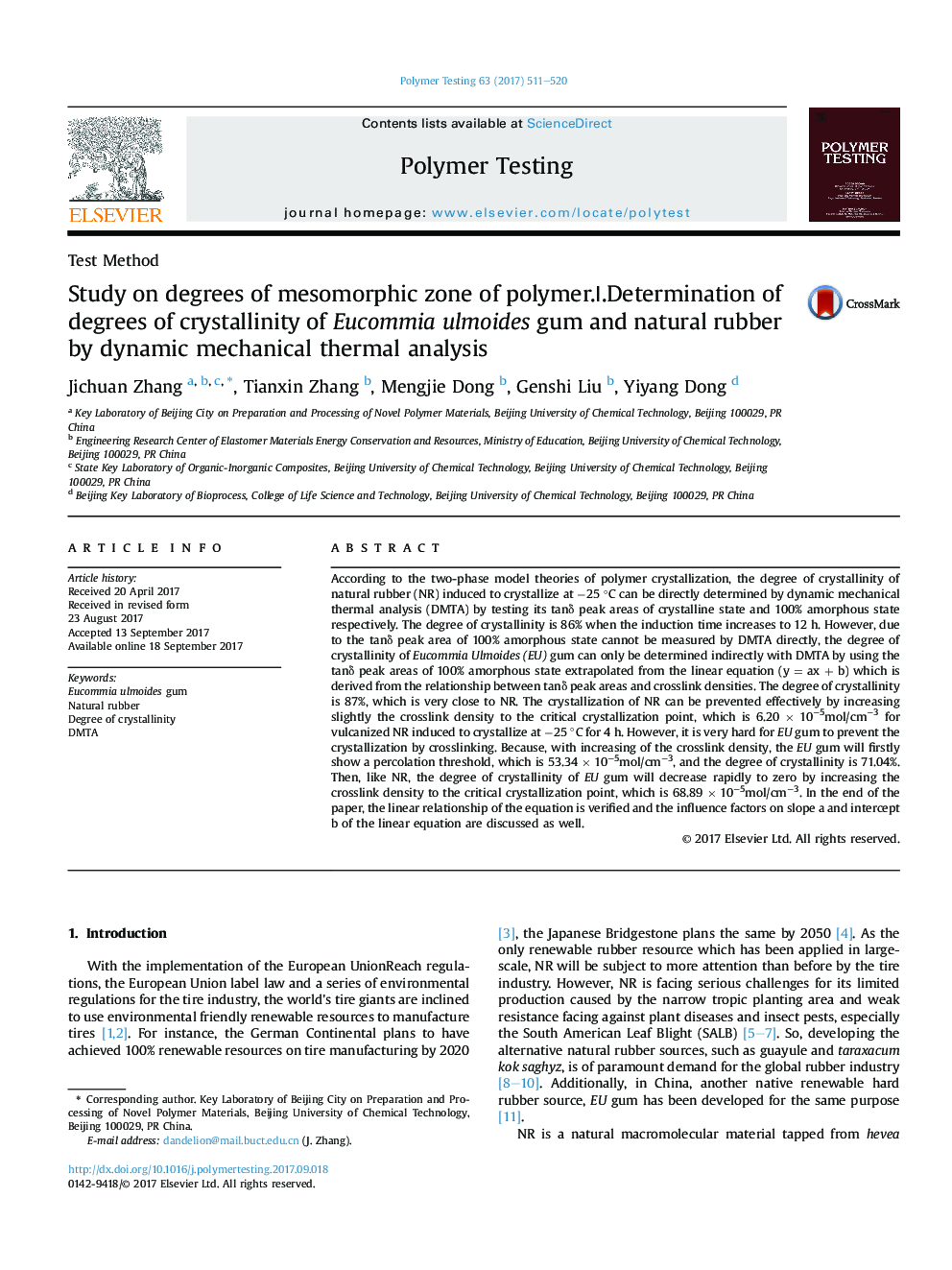 Study on degrees of mesomorphic zone of polymer.â .Determination of degrees of crystallinity of Eucommia ulmoides gum and natural rubber by dynamic mechanical thermal analysis