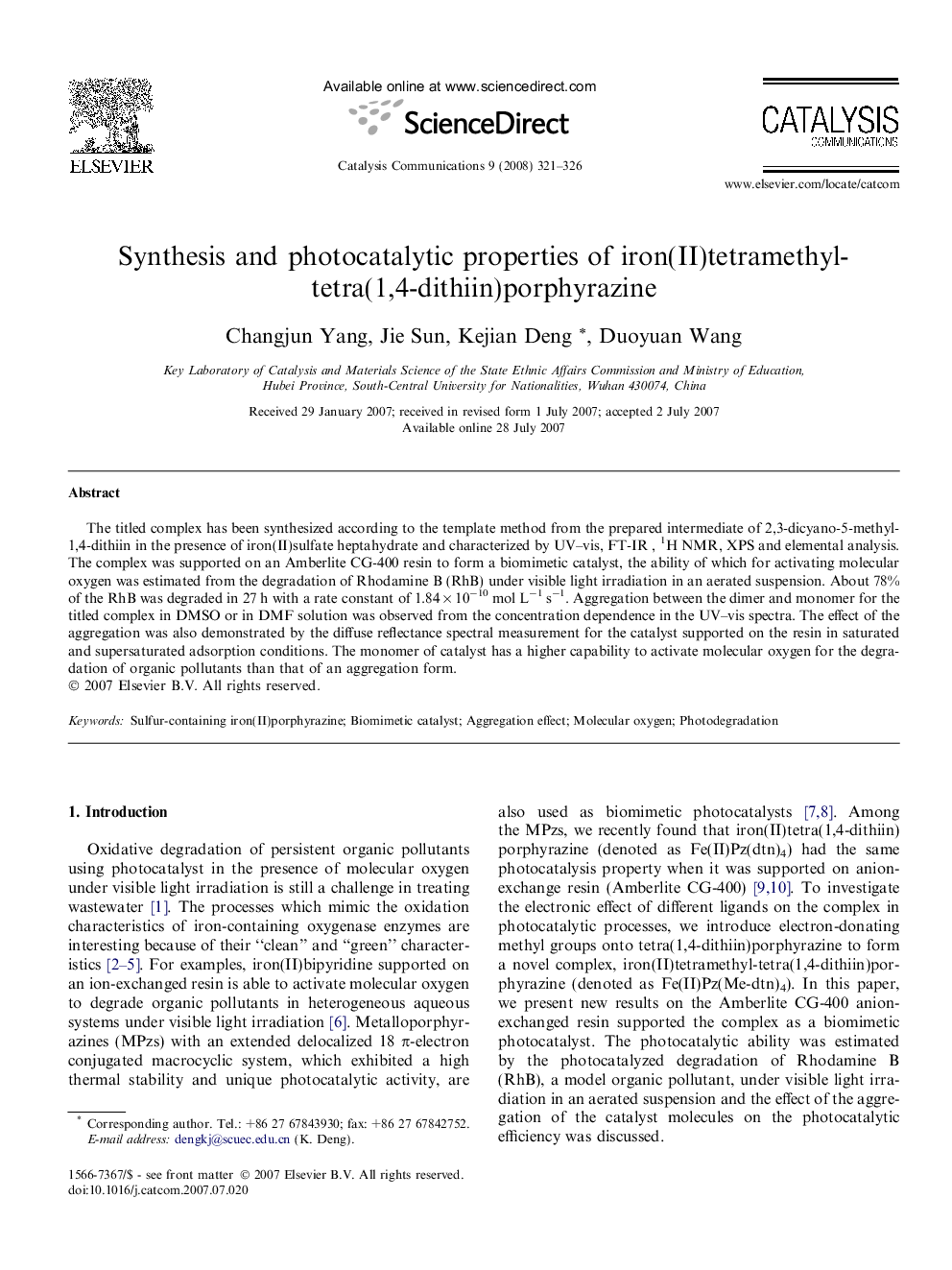 Synthesis and photocatalytic properties of iron(II)tetramethyl- tetra(1,4-dithiin)porphyrazine