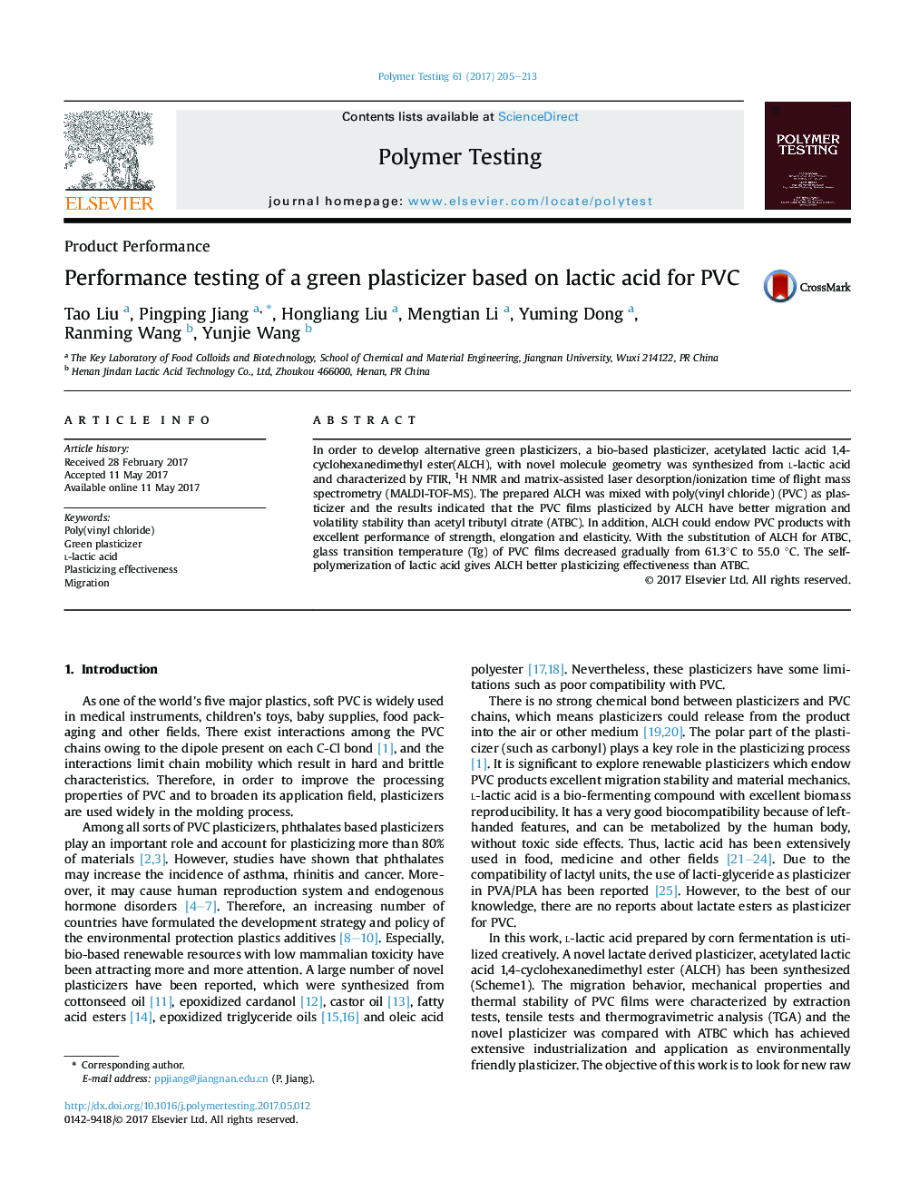 Performance testing of a green plasticizer based on lactic acid for PVC