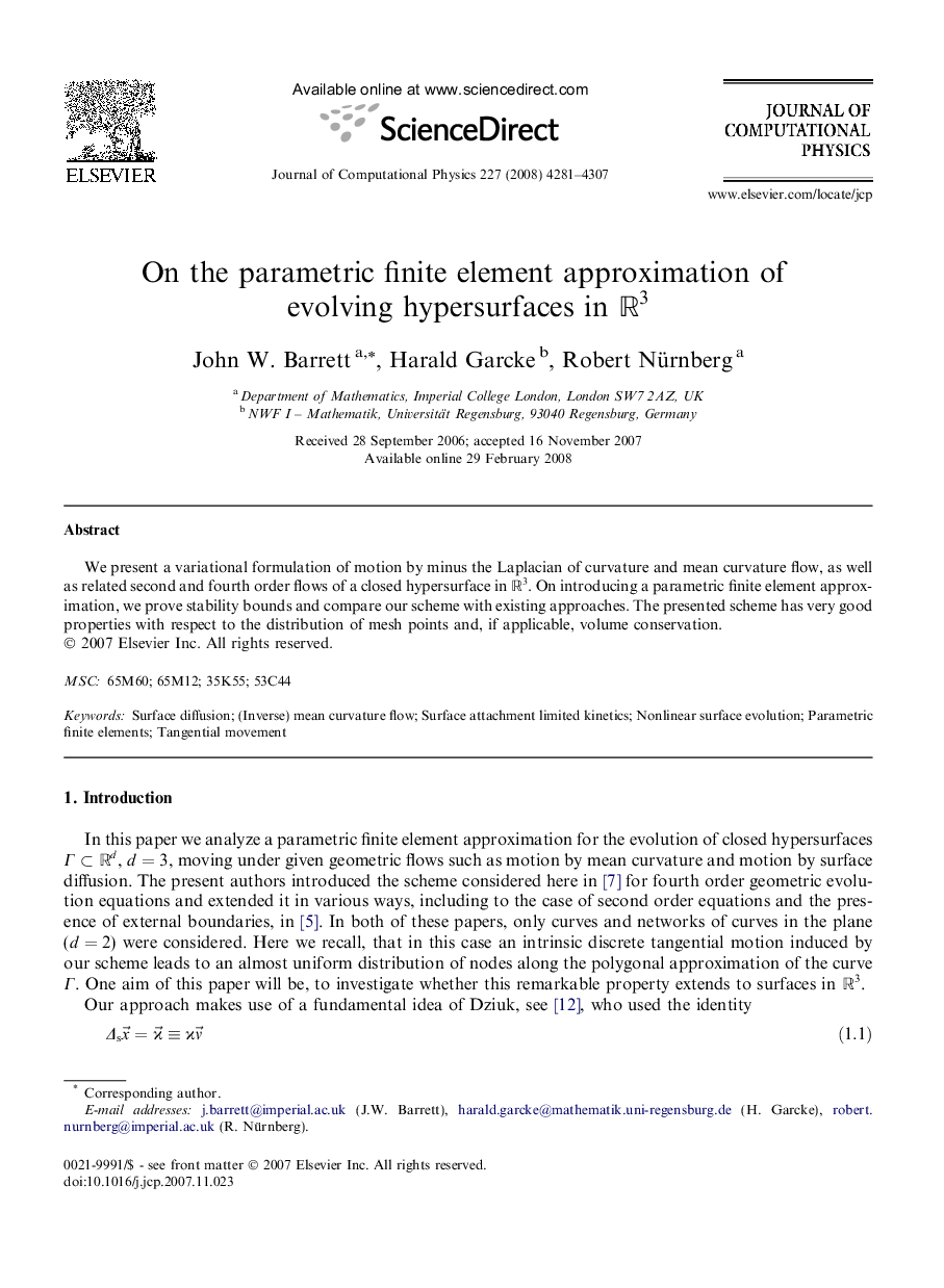 On the parametric finite element approximation of evolving hypersurfaces in R3R3