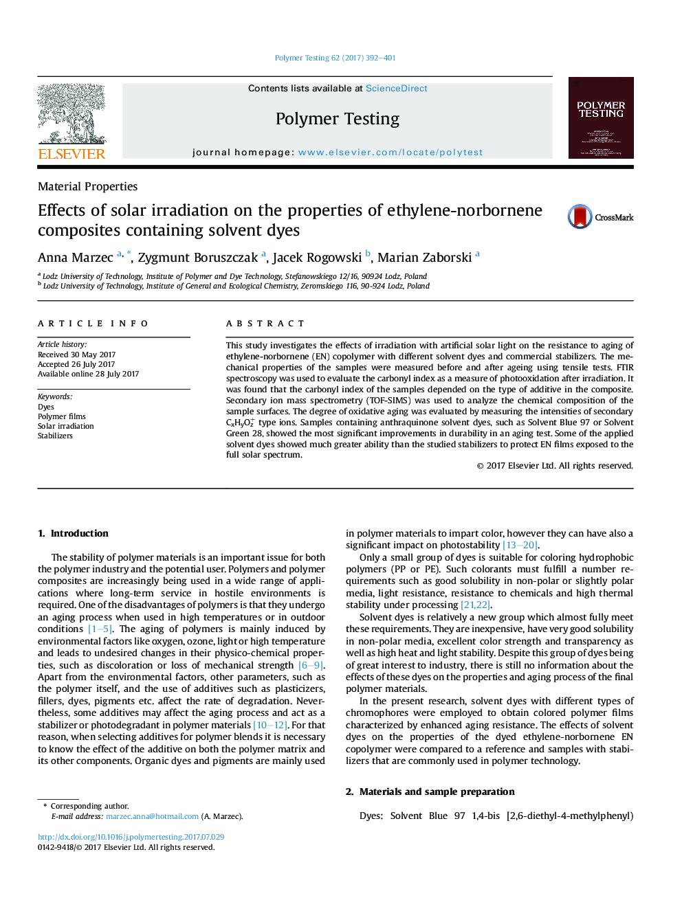 Material PropertiesEffects of solar irradiation on the properties of ethylene-norbornene composites containing solvent dyes