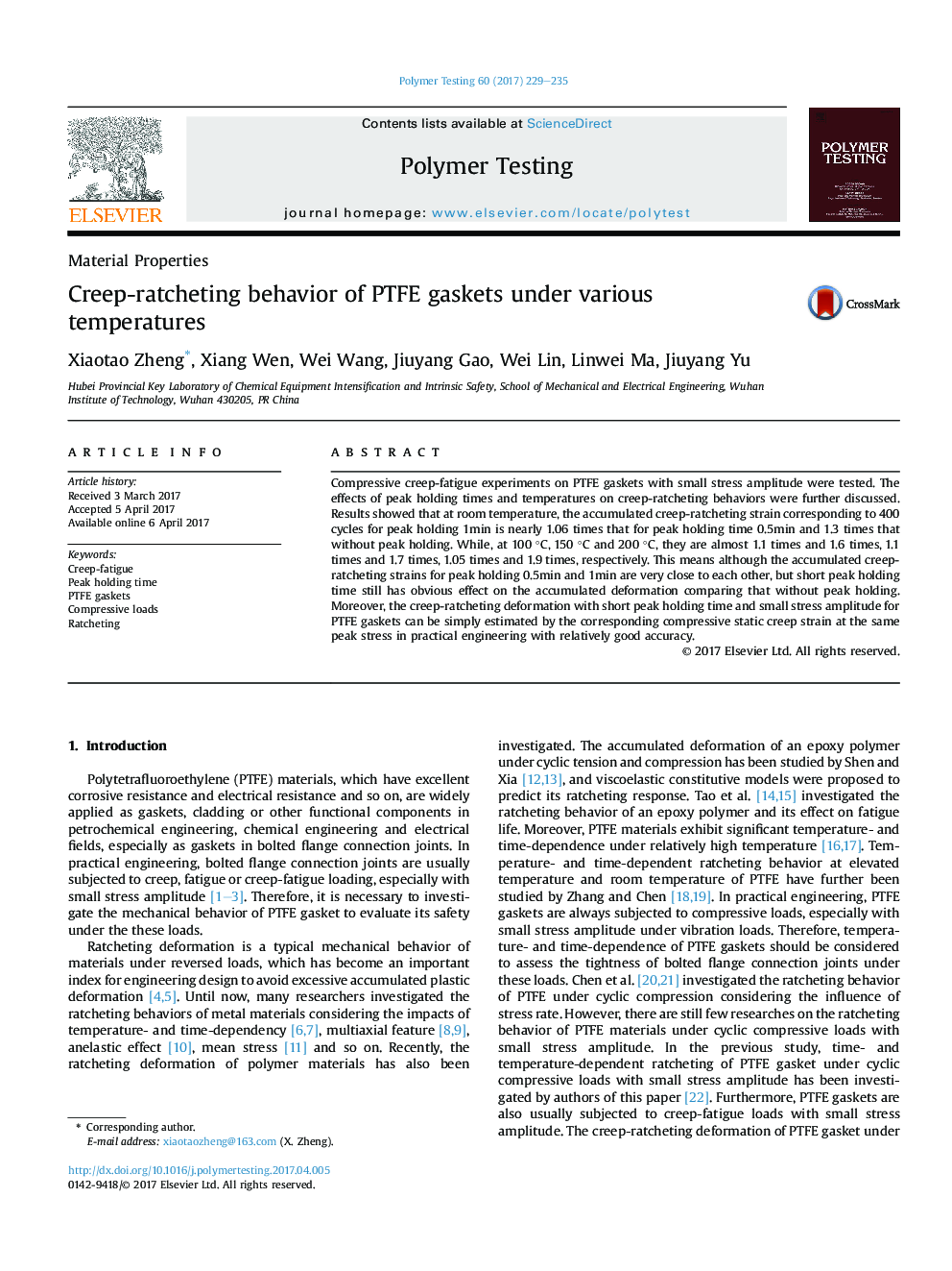 Creep-ratcheting behavior of PTFE gaskets under various temperatures