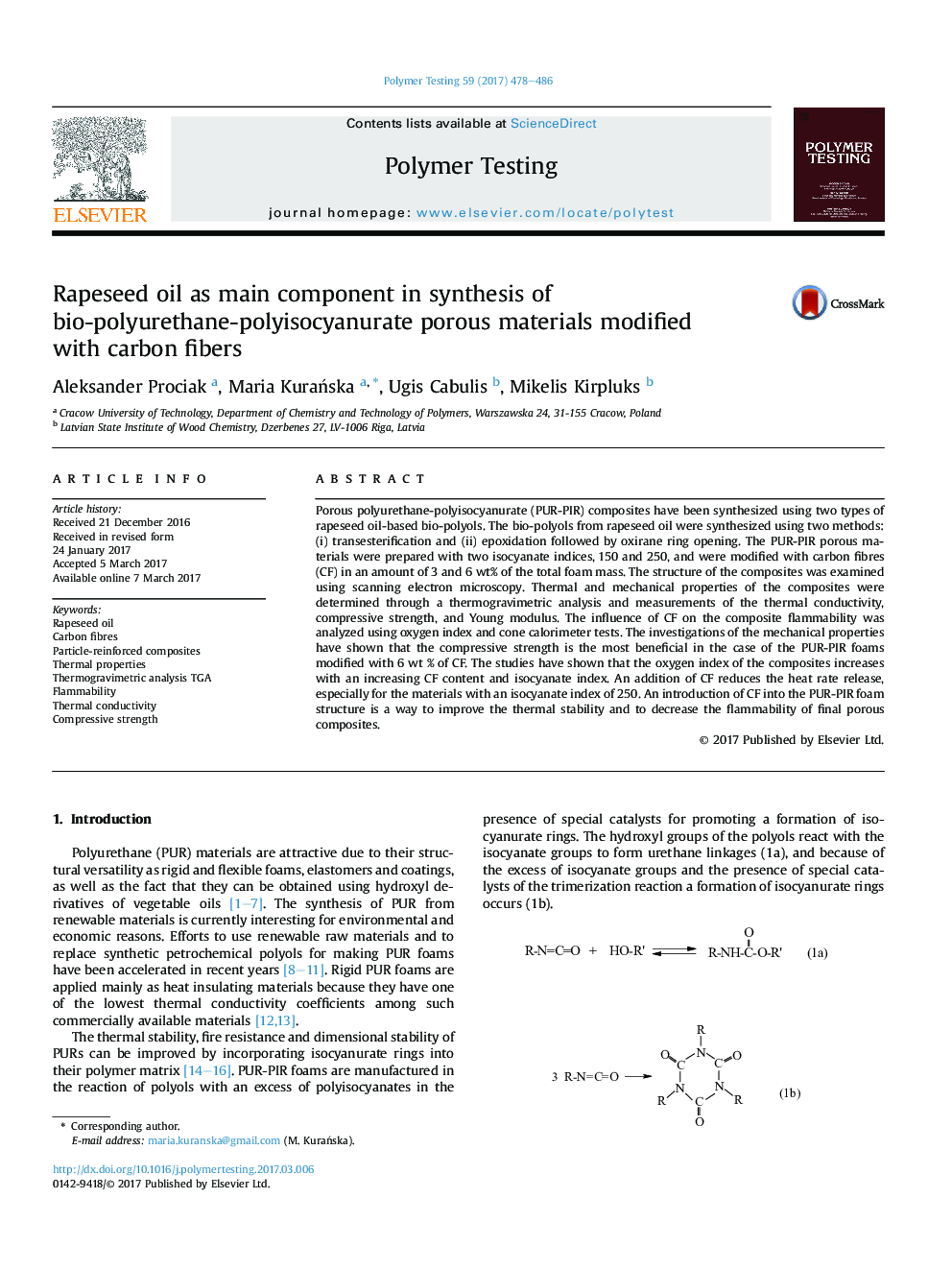 Rapeseed oil as main component in synthesis of bio-polyurethane-polyisocyanurate porous materials modified withÂ carbon fibers