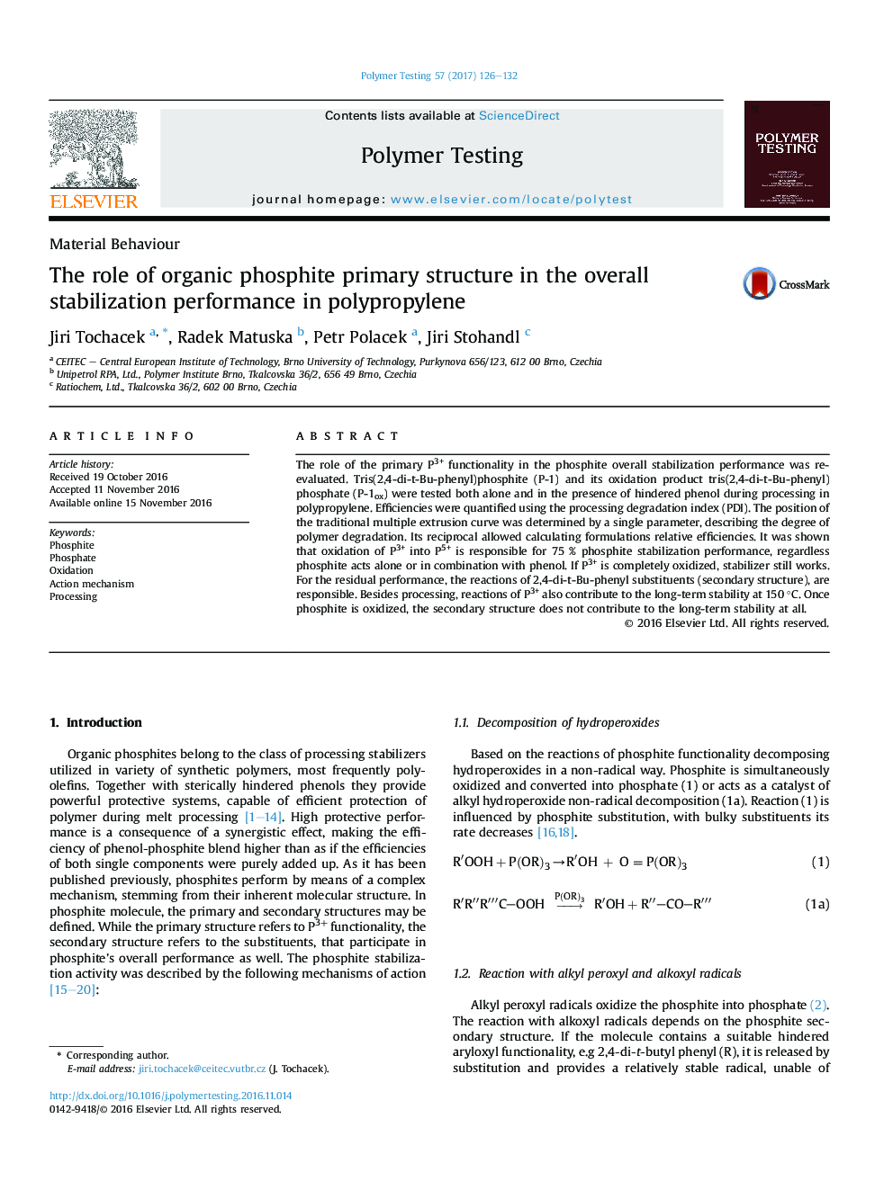 The role of organic phosphite primary structure in the overall stabilization performance in polypropylene