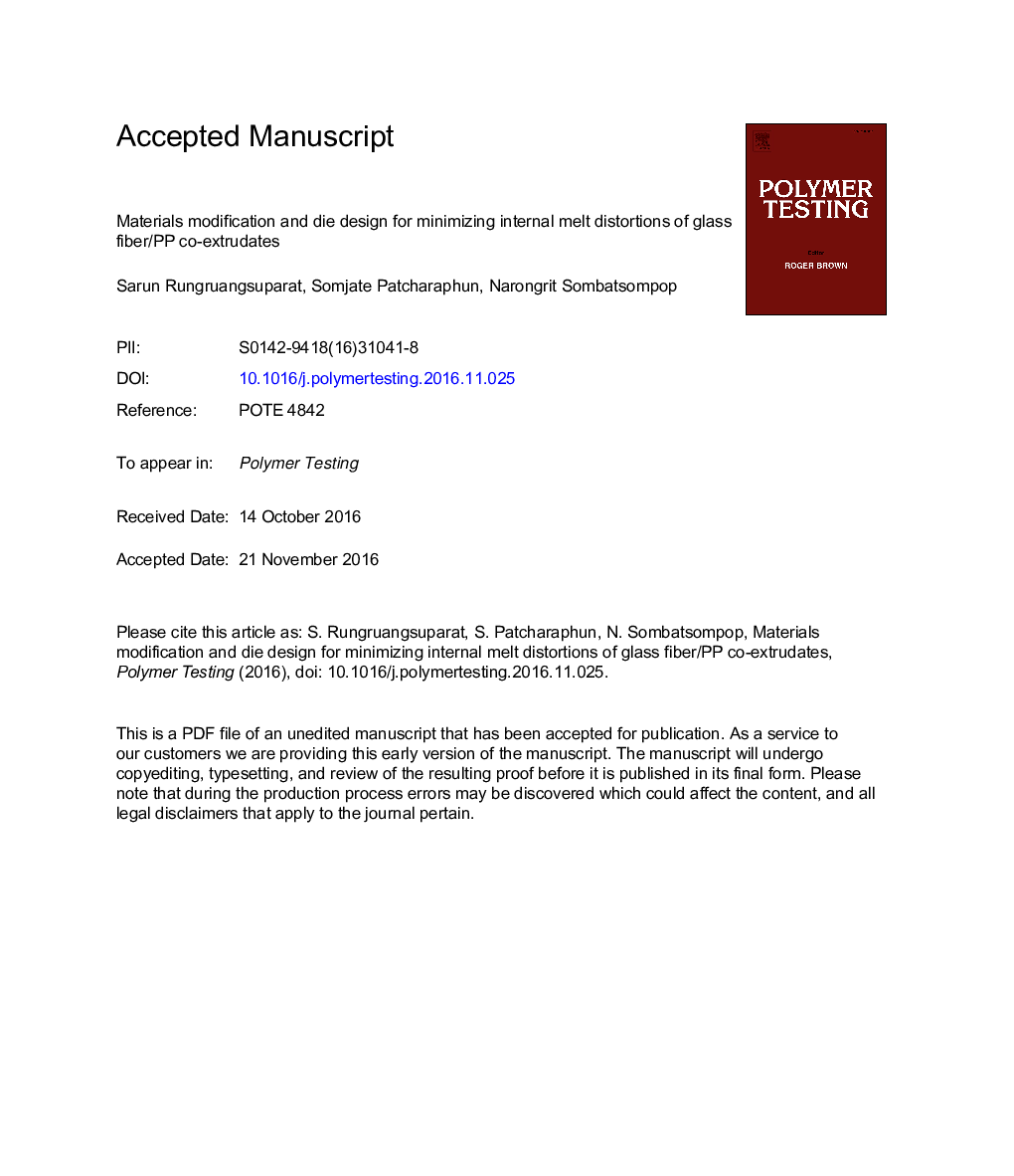 عکس صفحه اول مقاله: Materials modification and die design for minimizing internal melt distortions of glass fiber/PP co-extrudates Materials modification and die design for minimizing internal melt distortions of glass fiber/PP co-extrudates