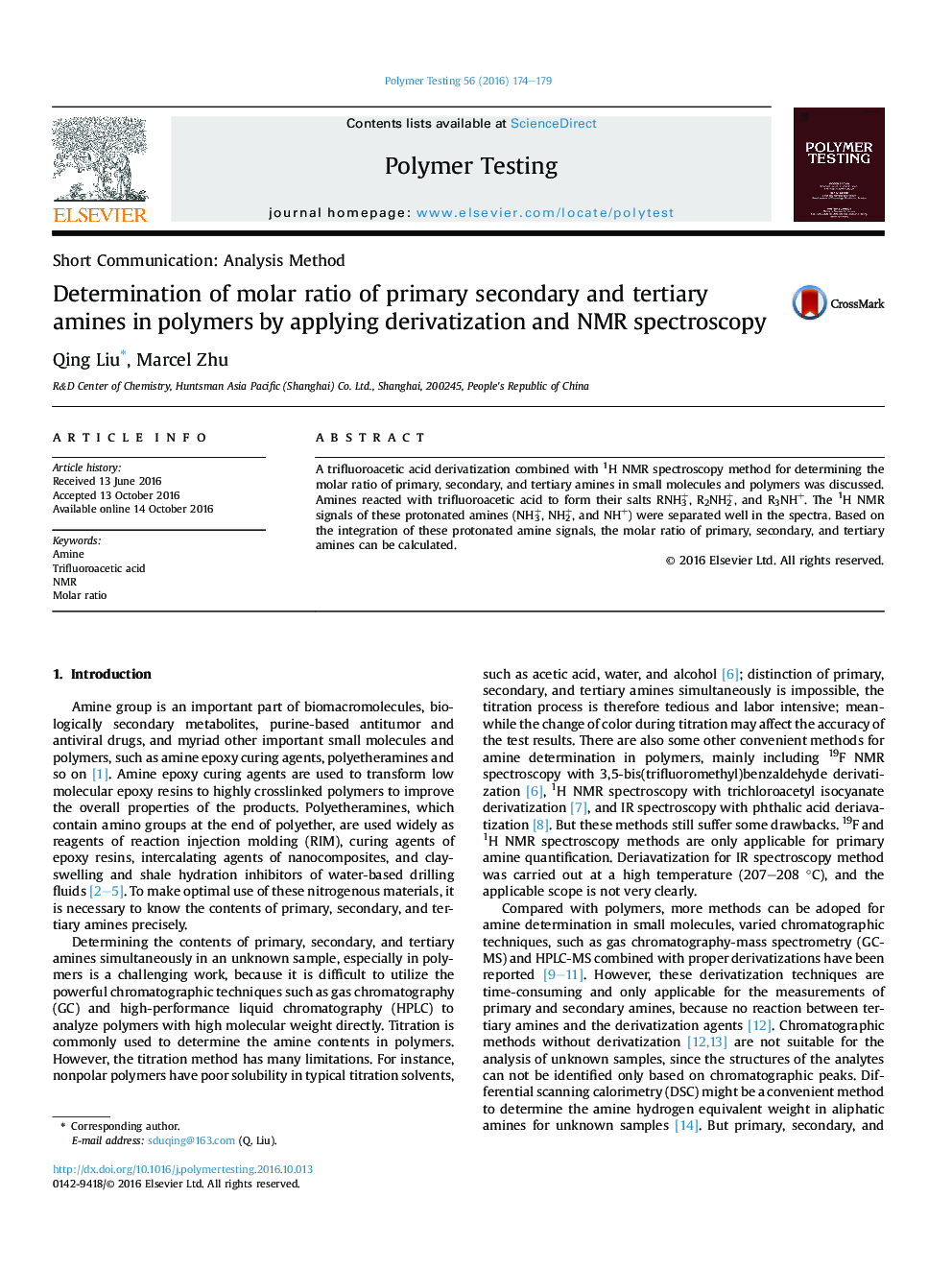 Determination of molar ratio of primary secondary and tertiary amines in polymers by applying derivatization and NMR spectroscopy