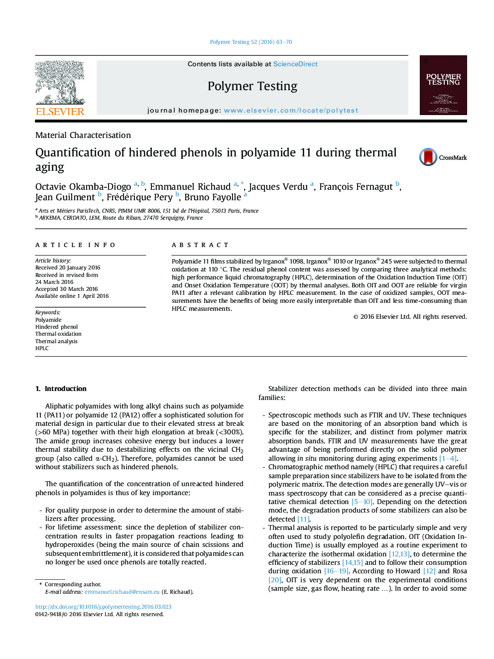 Material CharacterisationQuantification of hindered phenols in polyamide 11 during thermal aging