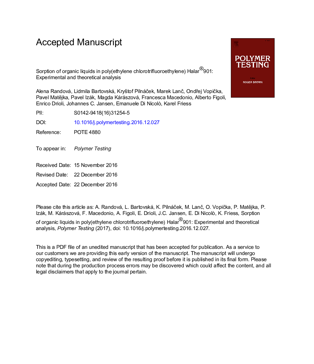 Sorption of organic liquids in poly(ethylene chlorotrifluoroethylene) Halar®901: Experimental and theoretical analysis