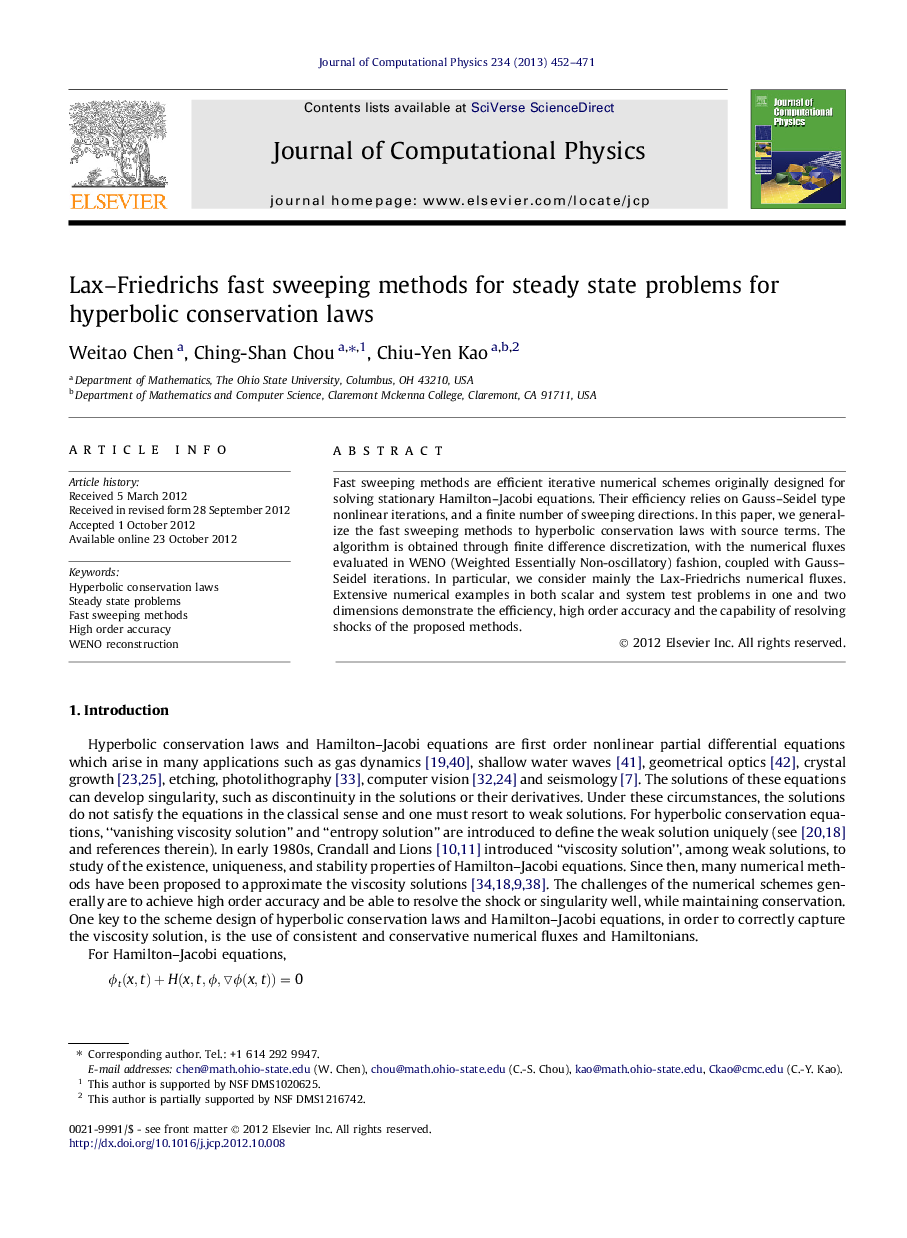 Lax–Friedrichs fast sweeping methods for steady state problems for hyperbolic conservation laws