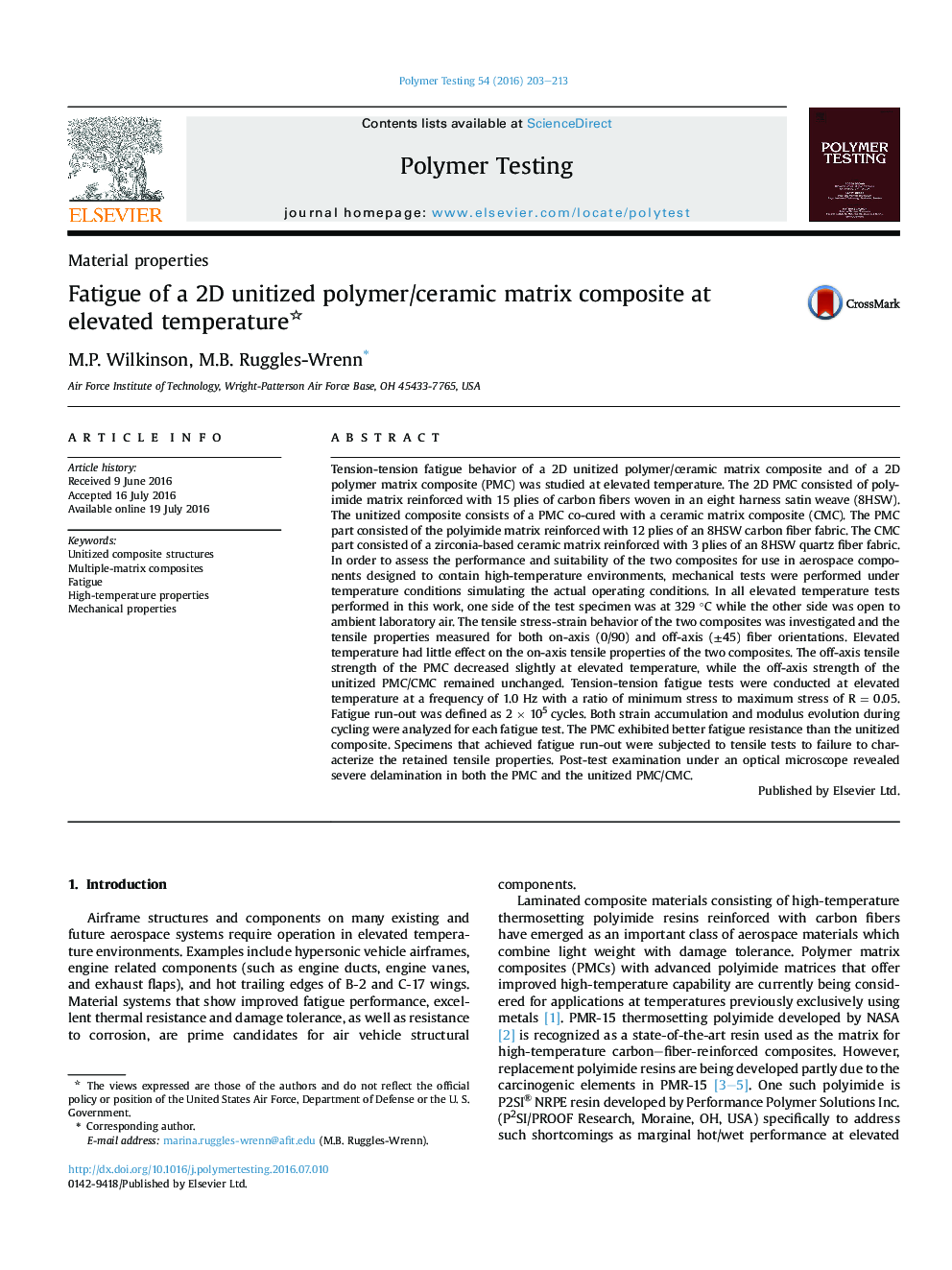 Material propertiesFatigue of a 2D unitized polymer/ceramic matrix composite at elevated temperature