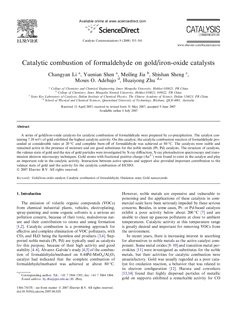 Catalytic combustion of formaldehyde on gold/iron-oxide catalysts