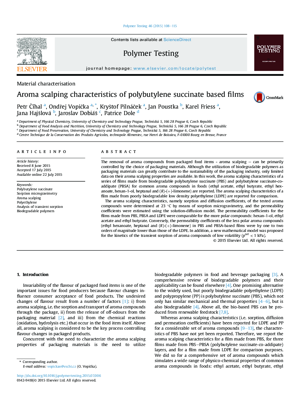 Aroma scalping characteristics of polybutylene succinate based films