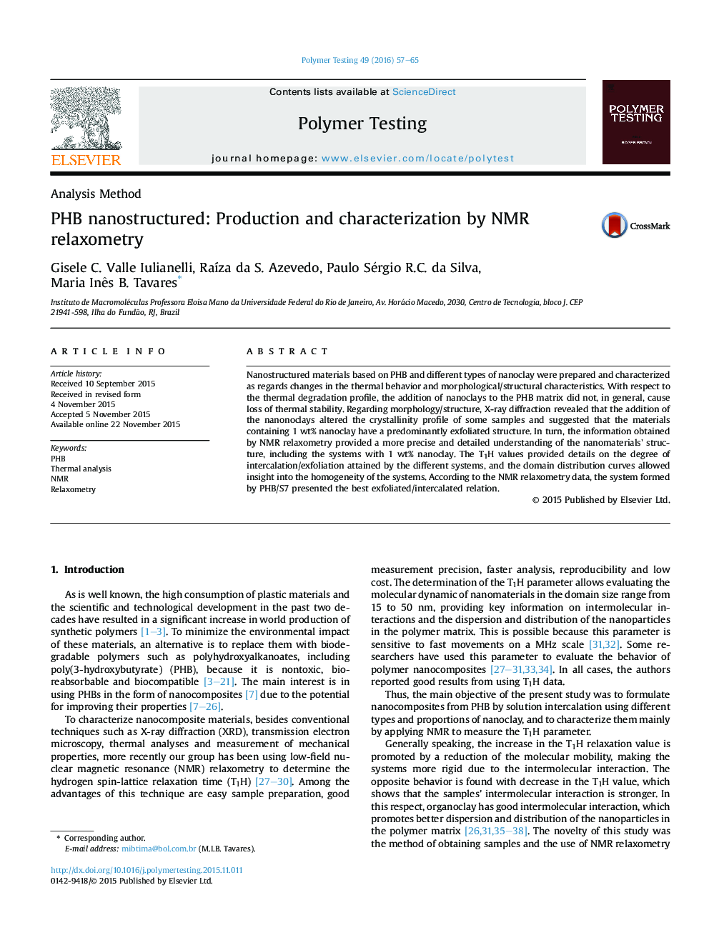 PHB nanostructured: Production and characterization by NMR relaxometry