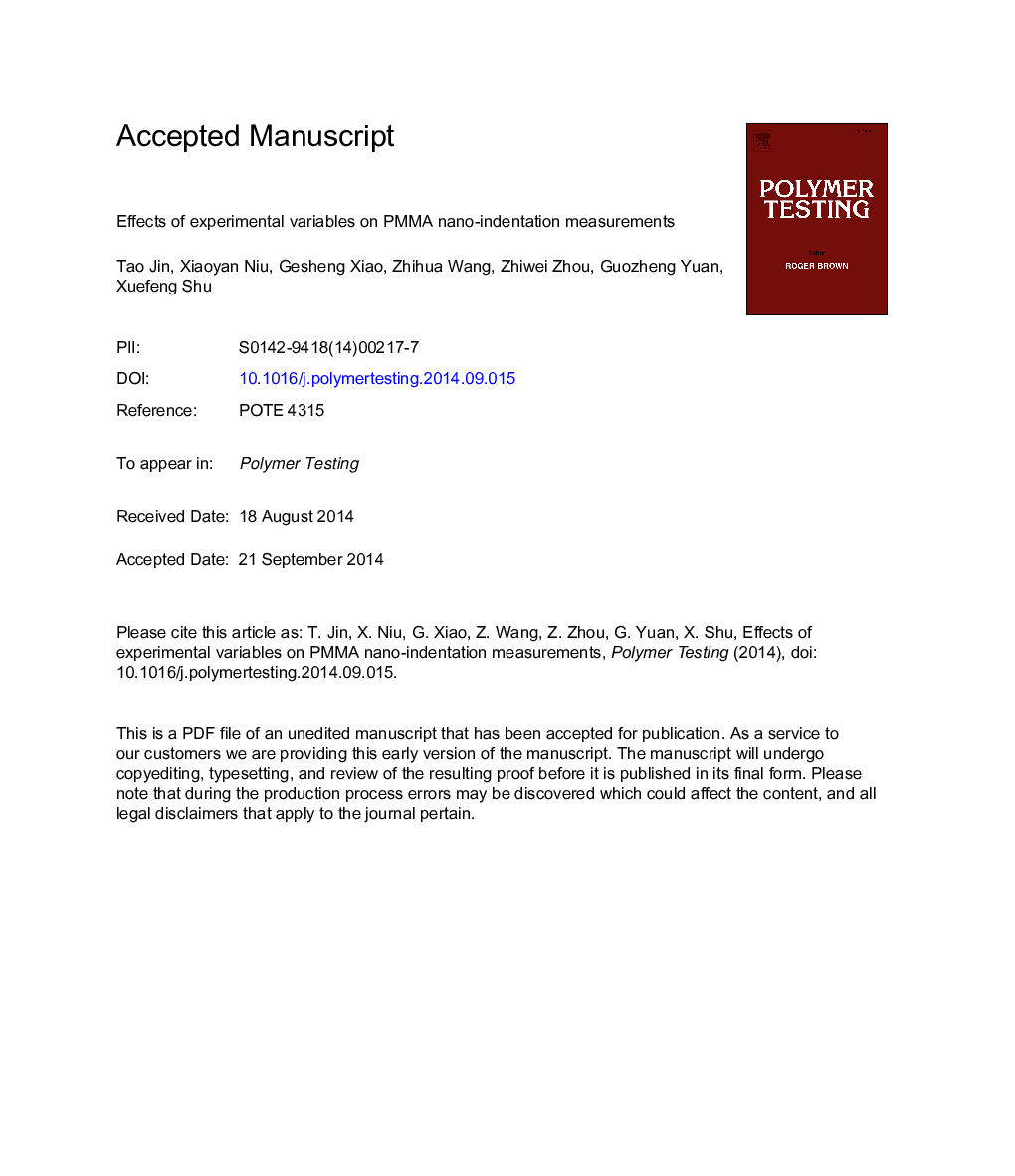 عکس صفحه اول مقاله: Effects of experimental variables on PMMA nano-indentation measurements Effects of experimental variables on PMMA nano-indentation measurements