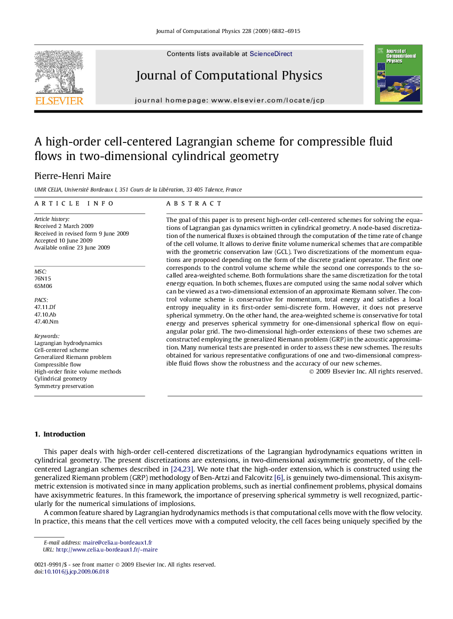 عکس صفحه اول مقاله: A high-order cell-centered Lagrangian scheme for compressible fluid flows in two-dimensional cylindrical geometry A high-order cell-centered Lagrangian scheme for compressible fluid flows in two-dimensional cylindrical geometry