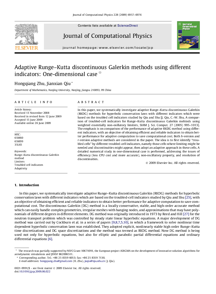 Adaptive Runge–Kutta discontinuous Galerkin methods using different indicators: One-dimensional case 