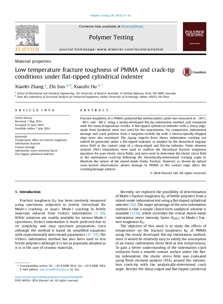 Material propertiesLow temperature fracture toughness of PMMA and crack-tip conditions under flat-tipped cylindrical indenter