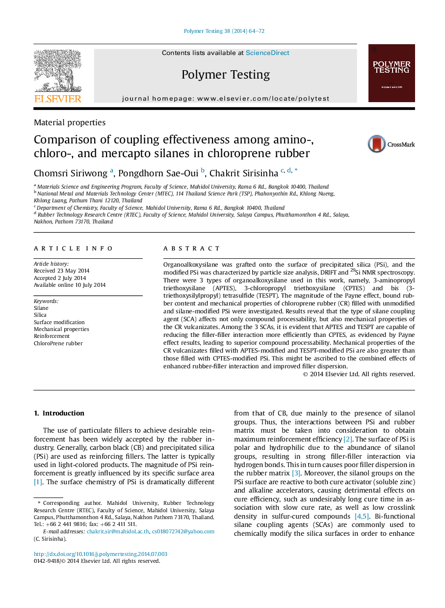 Comparison of coupling effectiveness among amino-, chloro-, and mercapto silanes in chloroprene rubber