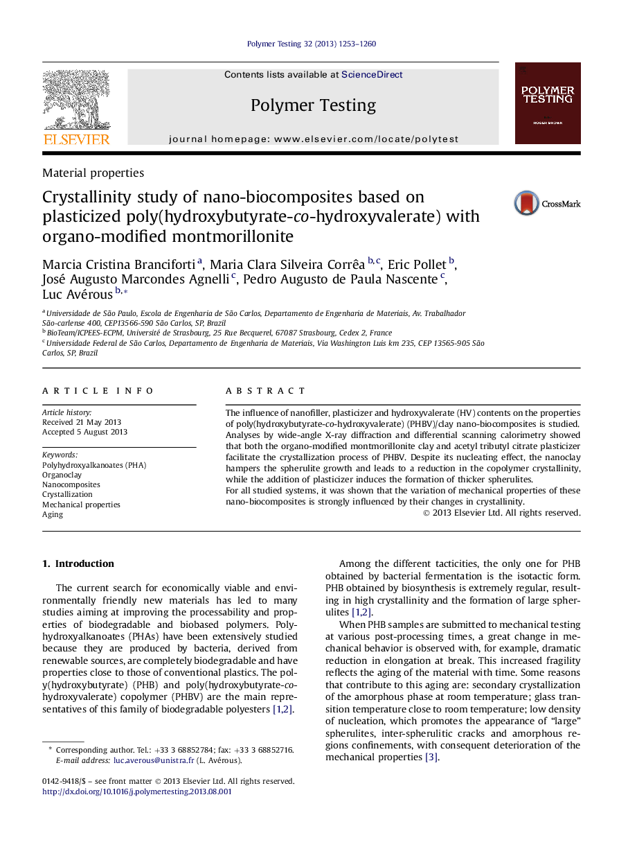 Crystallinity study of nano-biocomposites based on plasticized poly(hydroxybutyrate-co-hydroxyvalerate) with organo-modified montmorillonite