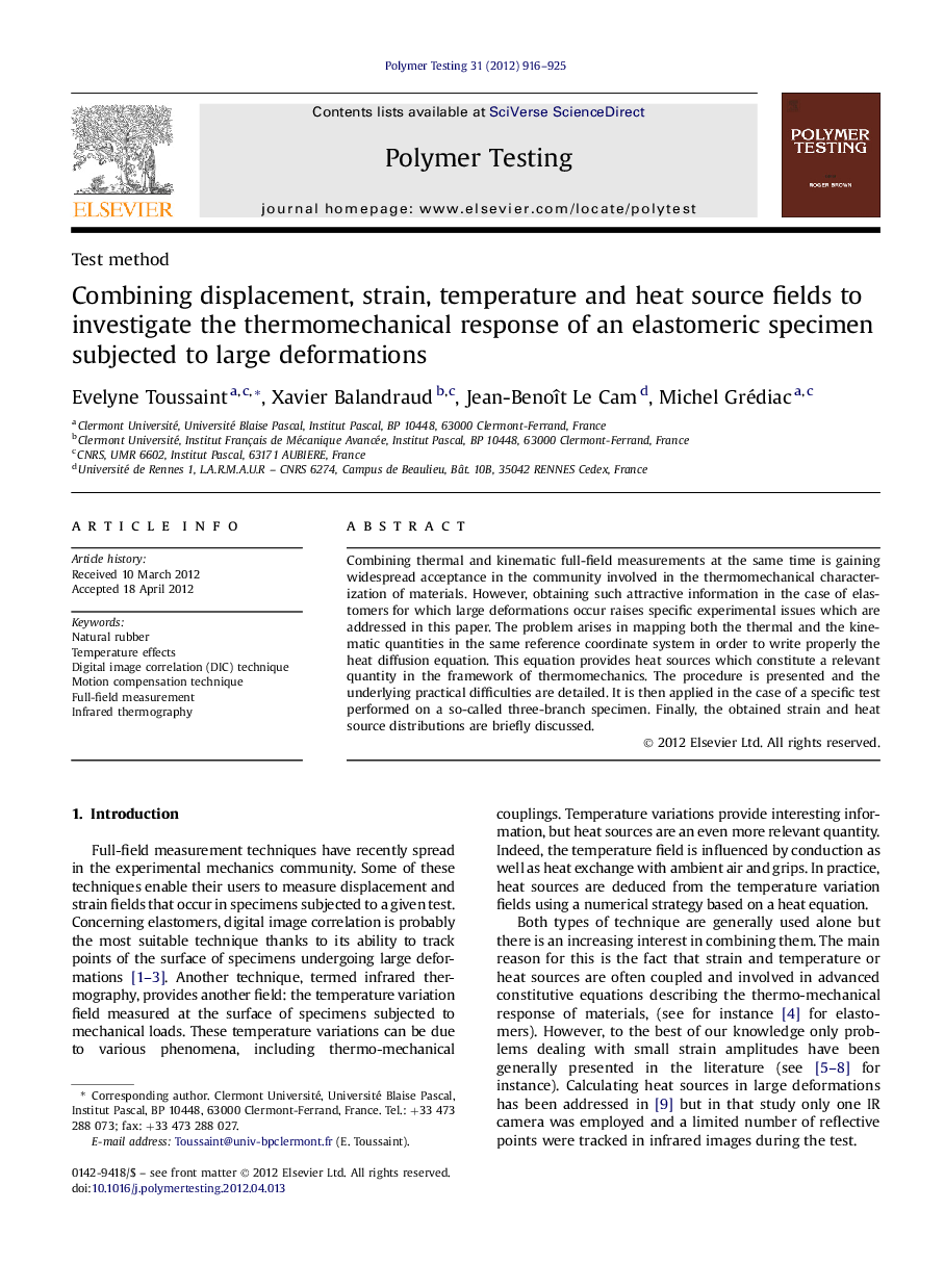 Test methodCombining displacement, strain, temperature and heat source fields to investigate the thermomechanical response of an elastomeric specimen subjected to large deformations