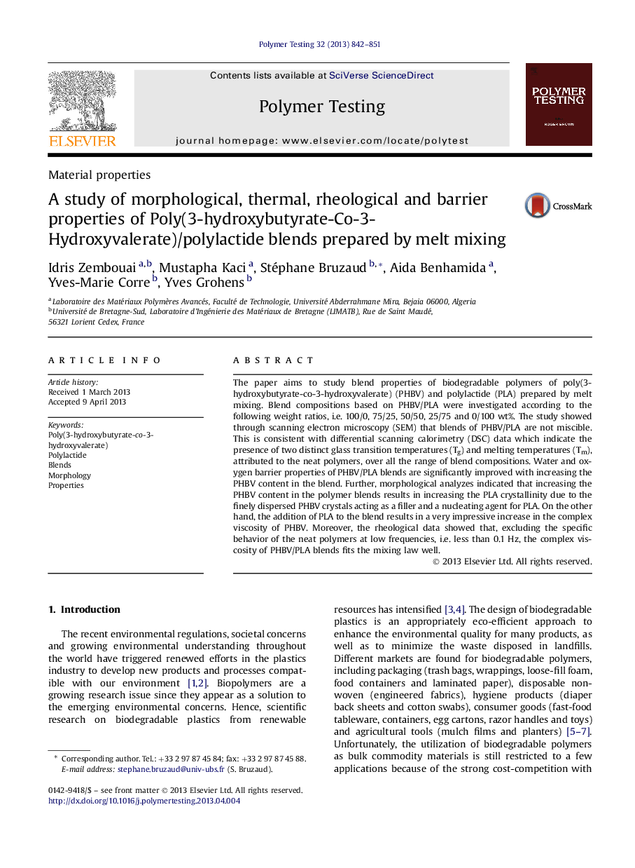 Material propertiesA study of morphological, thermal, rheological and barrier properties of Poly(3-hydroxybutyrate-Co-3-Hydroxyvalerate)/polylactide blends prepared by melt mixing