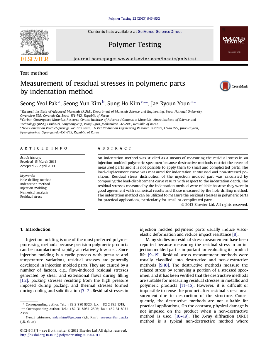 Measurement of residual stresses in polymeric parts byÂ indentation method