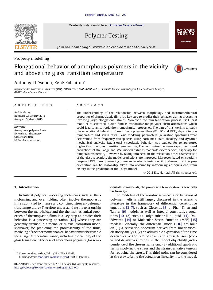 Property modellingElongational behavior of amorphous polymers in the vicinity and above the glass transition temperature