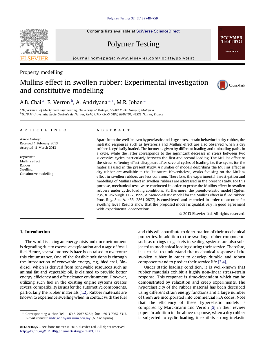 Mullins effect in swollen rubber: Experimental investigation and constitutive modelling