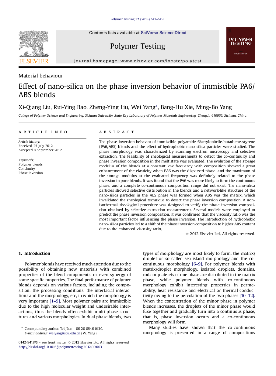 Effect of nano-silica on the phase inversion behavior of immiscible PA6/ABS blends