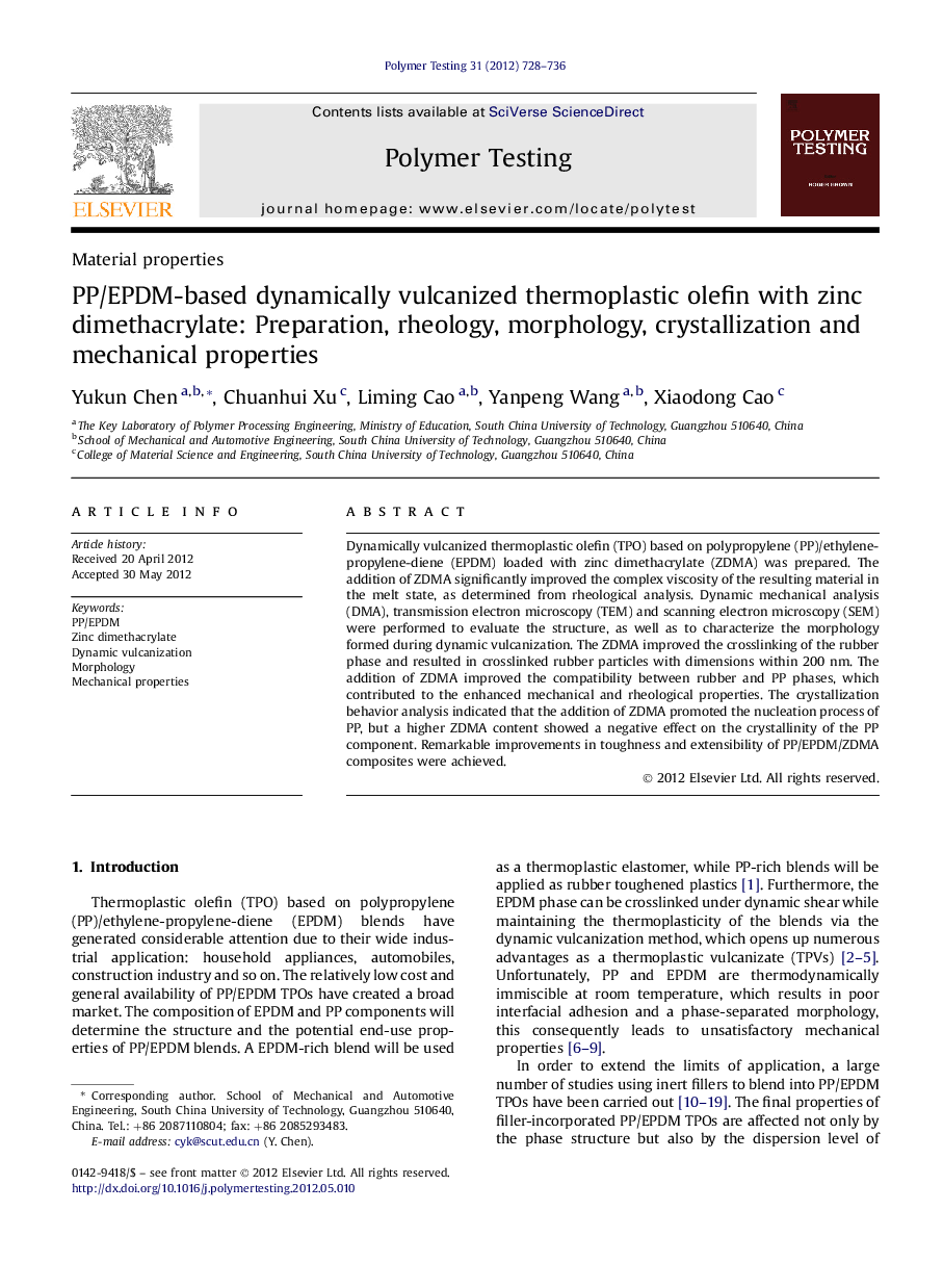 Material propertiesPP/EPDM-based dynamically vulcanized thermoplastic olefin with zinc dimethacrylate: Preparation, rheology, morphology, crystallization and mechanical properties