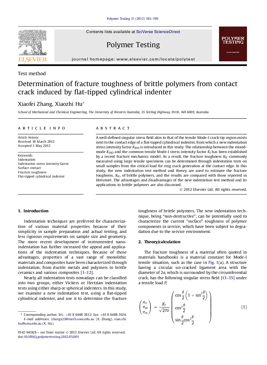 Test methodDetermination of fracture toughness of brittle polymers from contact crack induced by flat-tipped cylindrical indenter