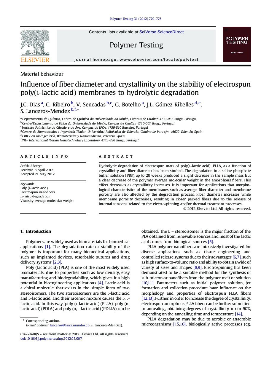 Material behaviourInfluence of fiber diameter and crystallinity on the stability of electrospun poly(l-lactic acid) membranes to hydrolytic degradation