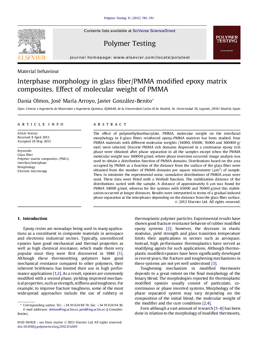 Material behaviourInterphase morphology in glass fiber/PMMA modified epoxy matrix composites. Effect of molecular weight of PMMA