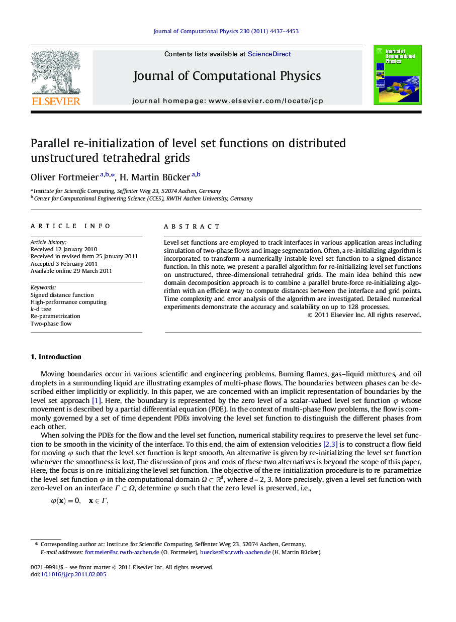 Parallel re-initialization of level set functions on distributed unstructured tetrahedral grids