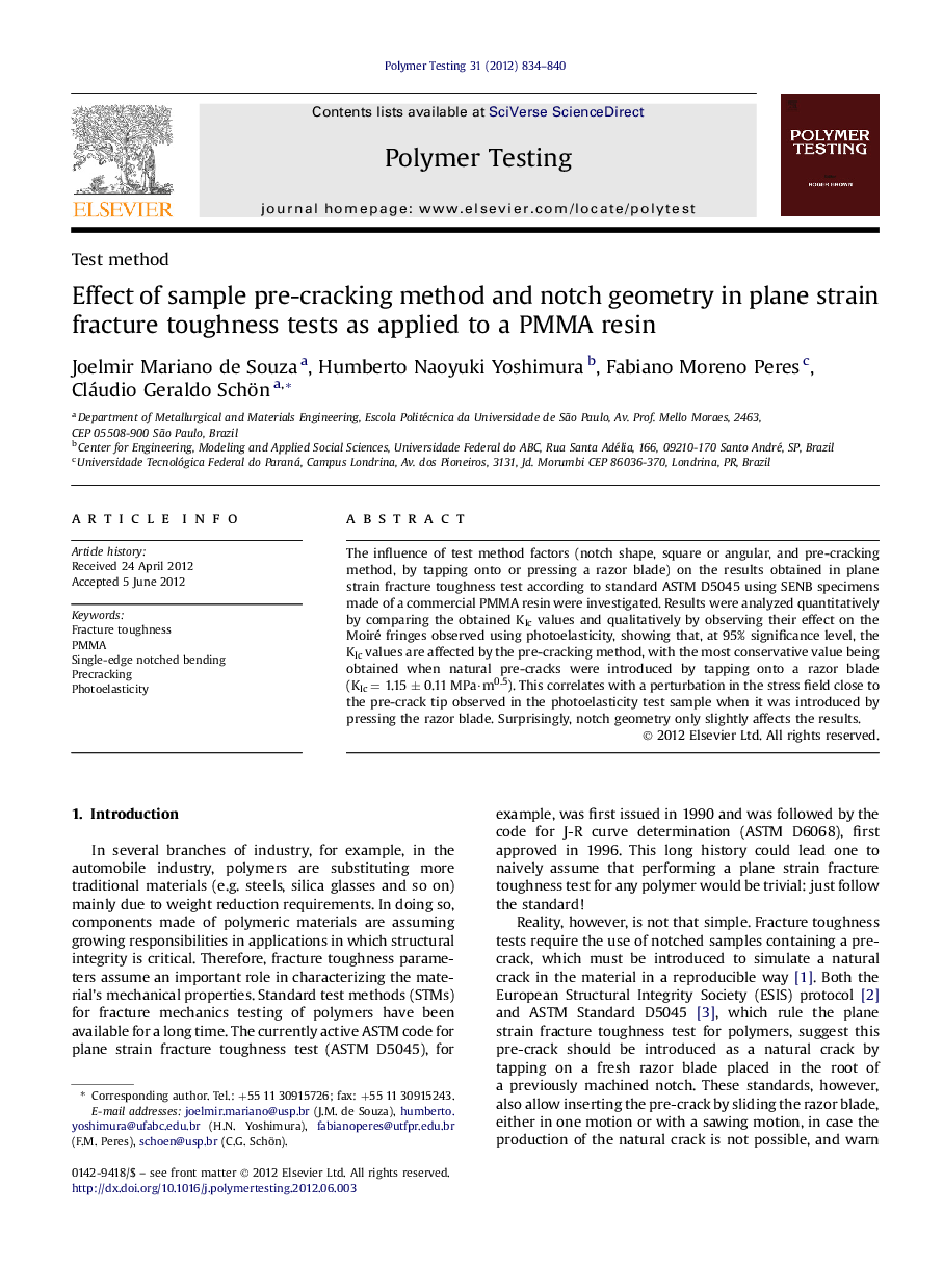 Test methodEffect of sample pre-cracking method and notch geometry in plane strain fracture toughness tests as applied to a PMMA resin