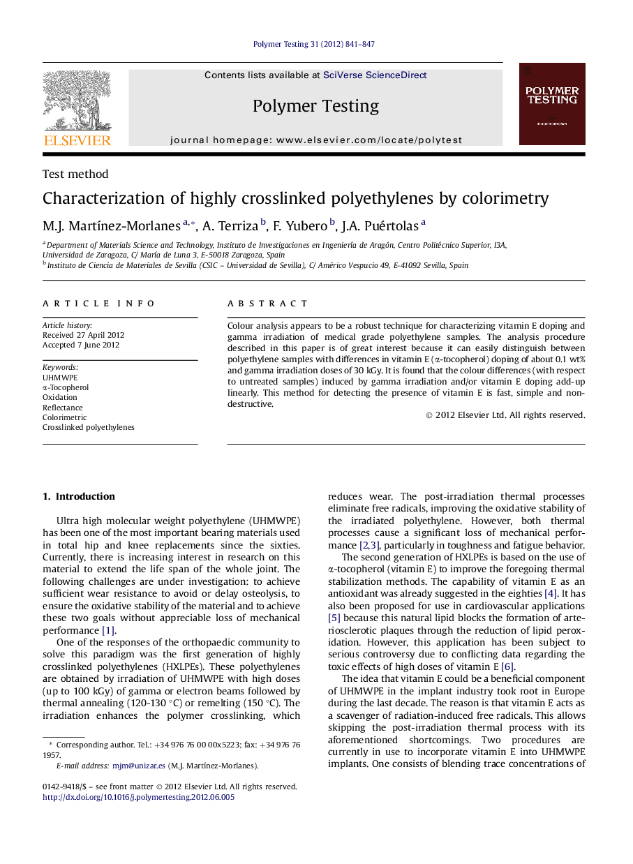 Characterization of highly crosslinked polyethylenes by colorimetry