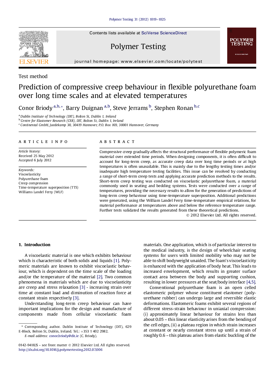 Prediction of compressive creep behaviour in flexible polyurethane foam over long time scales and at elevated temperatures