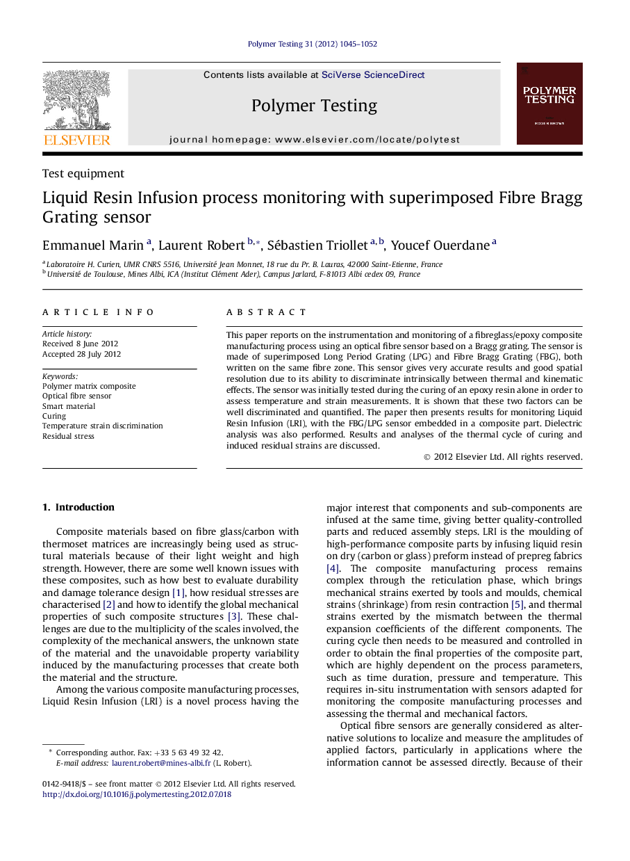 Test equipmentLiquid Resin Infusion process monitoring with superimposed Fibre Bragg Grating sensor