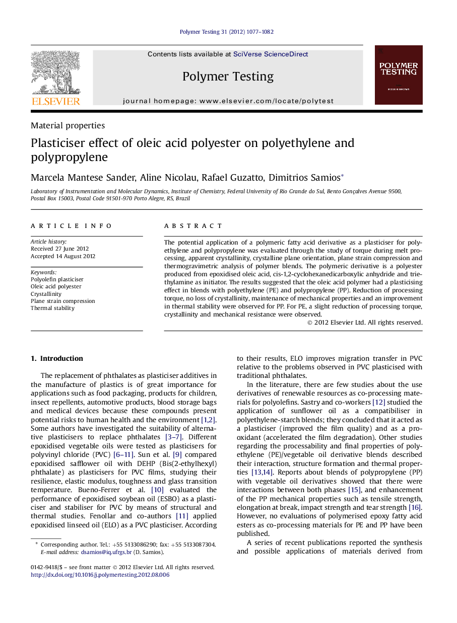 Material propertiesPlasticiser effect of oleic acid polyester on polyethylene and polypropylene