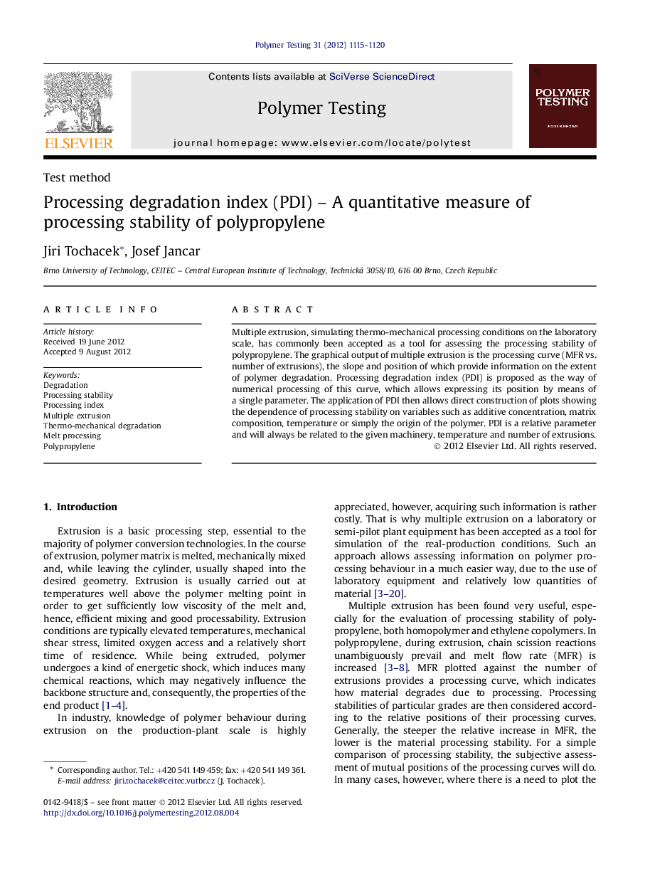 Test methodProcessing degradation index (PDI) - A quantitative measure of processing stability of polypropylene