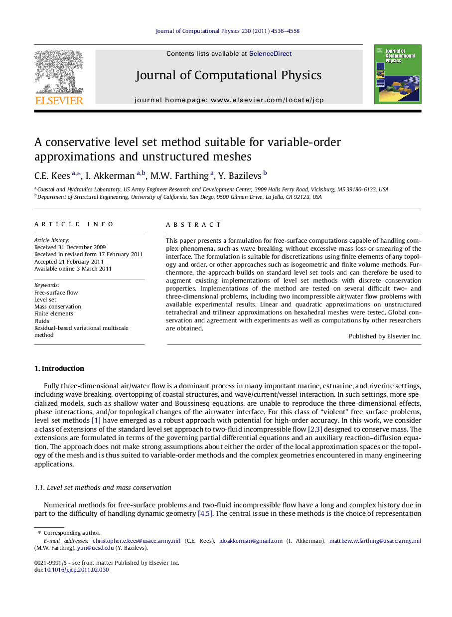 A conservative level set method suitable for variable-order approximations and unstructured meshes