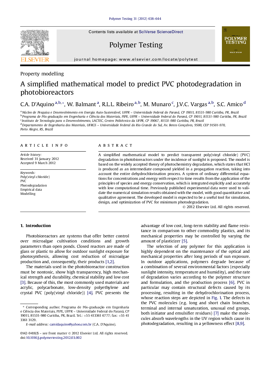 A simplified mathematical model to predict PVC photodegradation in photobioreactors