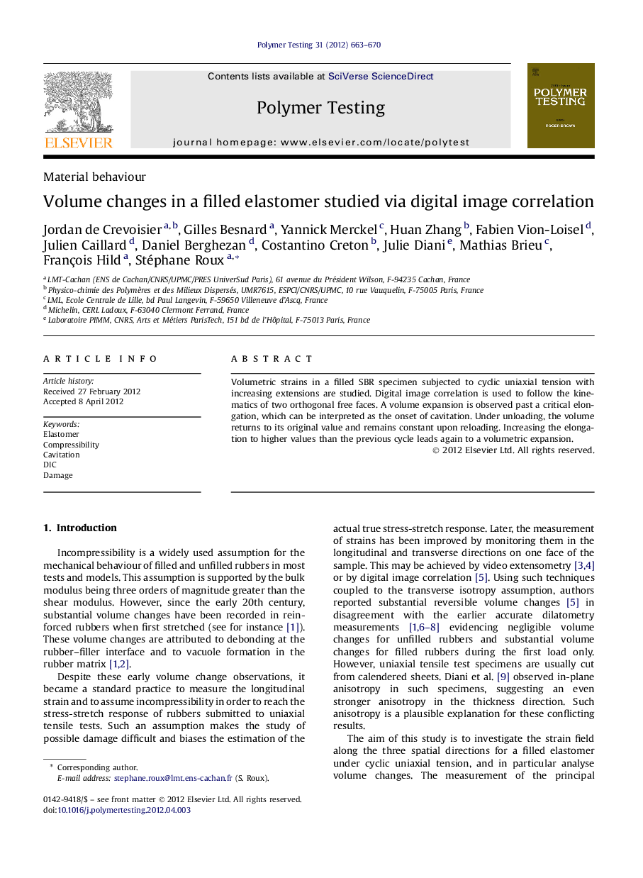 Volume changes in a filled elastomer studied via digital image correlation