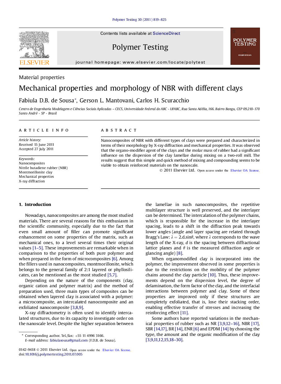 عکس صفحه اول مقاله: Material propertiesMechanical properties and morphology of NBR with different clays Material propertiesMechanical properties and morphology of NBR with different clays