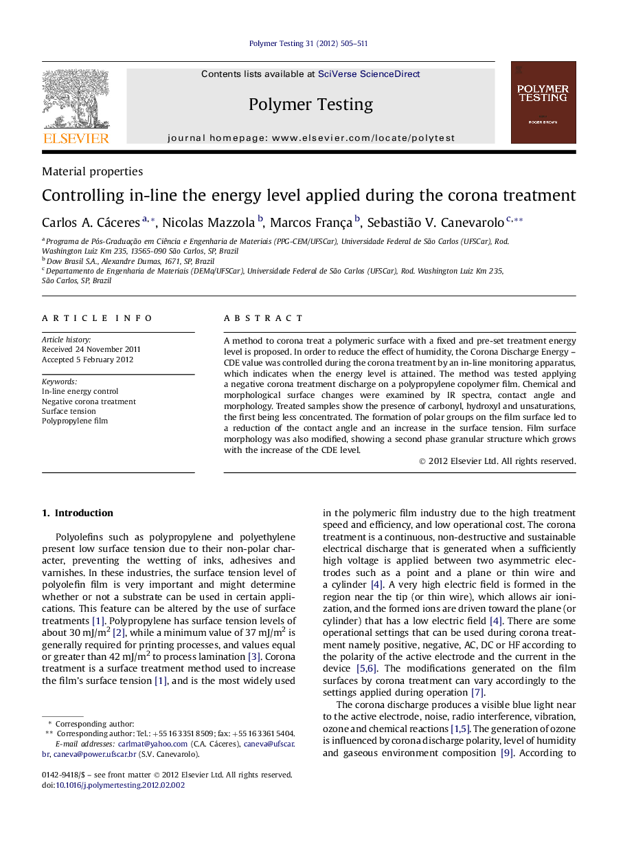 Controlling in-line the energy level applied during the corona treatment