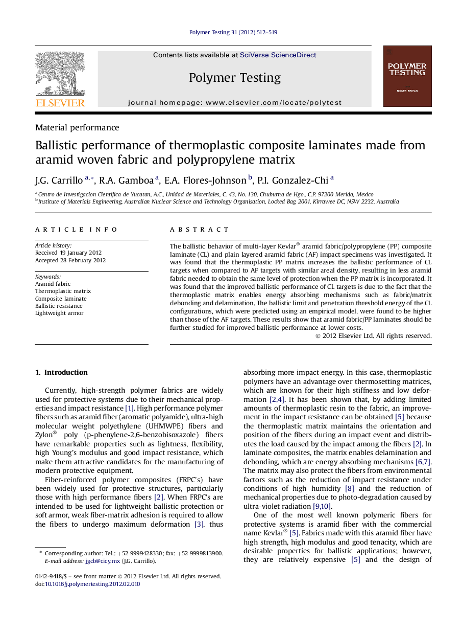 Material performanceBallistic performance of thermoplastic composite laminates made from aramid woven fabric and polypropylene matrix