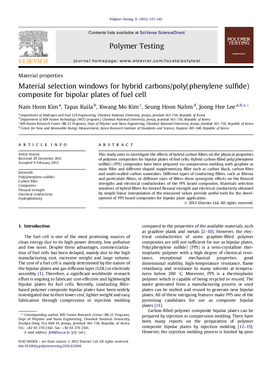 Material propertiesMaterial selection windows for hybrid carbons/poly(phenylene sulfide) composite for bipolar plates of fuel cell